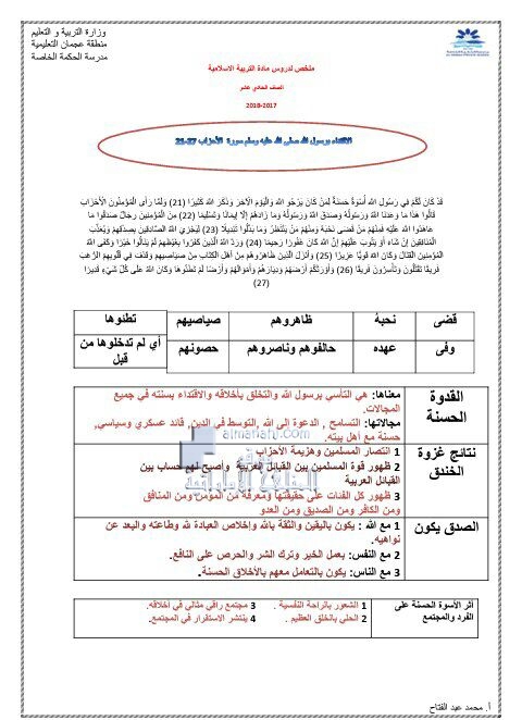 ملخص دروس (الفصل الثالث), (تربية اسلامية) الحادي عشر العام