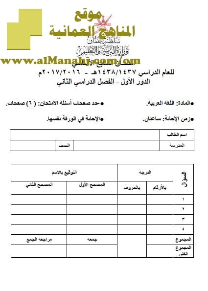 امتحان وإجابة الأسئلة الرسمية للفصل الدراسي الثاني الدور الأول (لغة عربية) السابع