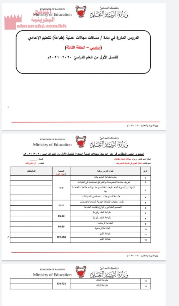الدروس المقررة في مادة مجالات عملية (طباعة) للتعليم الإعدادي (أساسي الحلقة الثالثة)