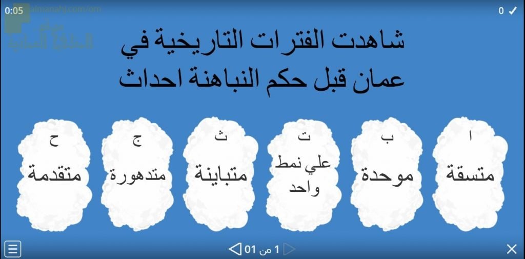 اختبار الكتروني في الدرس الأول عمان في عصر النباهنة حضارة وتواصل (نموذج رابع) (هذا وطني) الثاني عشر