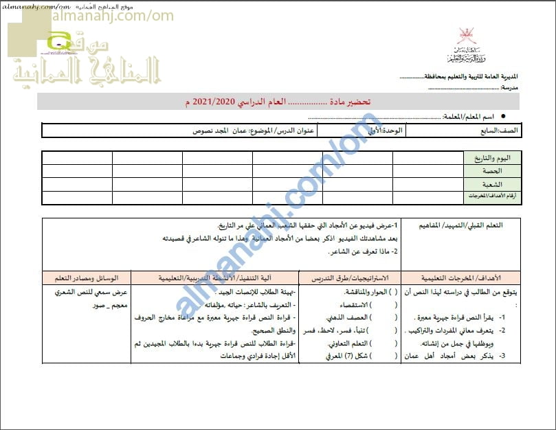 تحضير الكتروني لدرس عمان المجد نموذج ثان (لغة عربية) السابع