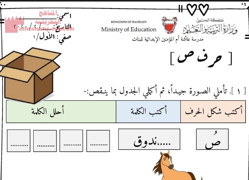 نشاط كتابة وتحليل حرف الصاد (لغة عربية) الأول