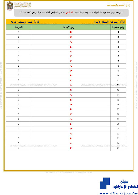 دليل تصحيح امتحان نهاية , (اجتماعيات) الخامس