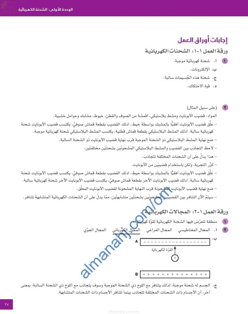 حل وإجابات أسئلة أوراق العمل في الوحدة الأولى (الشحنة الكهربائية) (فيزياء) العاشر
