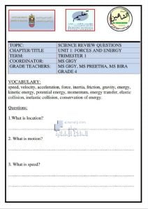أوراق عمل الوحدة الأولى FORCE AND ENERGY, منهج انجليزي (علوم) الرابع
