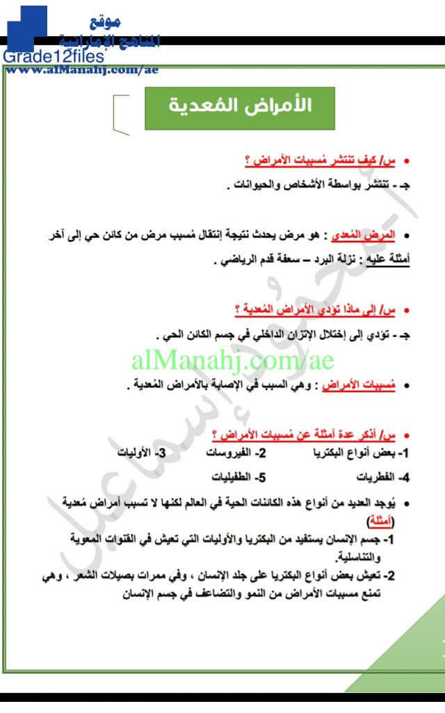 تلخيص الأمراض المعدية, (علوم) الثاني عشر المتقدم