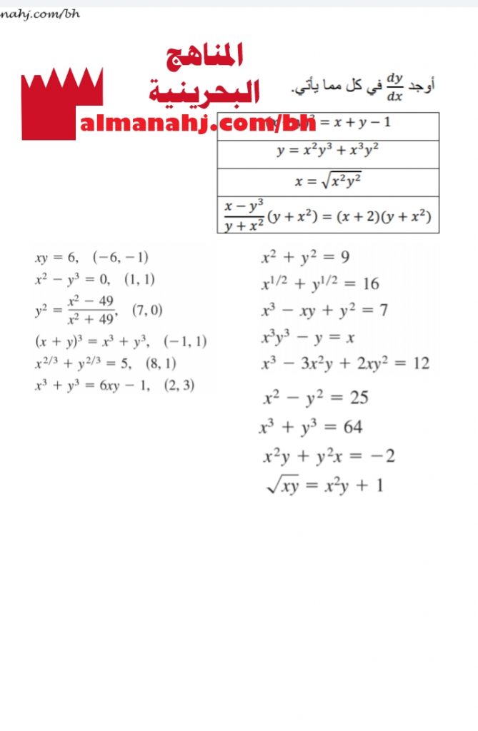 ورقة عمل ومثال تدريبي في التفاضل مقرر 366 (رياضيات) الثالث الثانوي