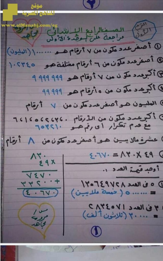 مراجعة للفصل الأول ملف مكون من 8 صفحات بخط اليد