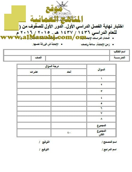 امتحان وإجابة الأسئلة الرسمية في محافظة شمال الباطنة للفصل الدراسي الأول الدور الأول (اجتماعيات) الخامس