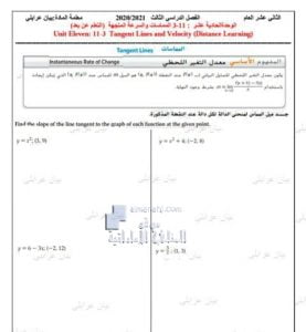 أوراق عمل درس المماسات والسرعة المتجهة من الوحدة الحادية عشرة, (رياضيات) الثاني عشر العام