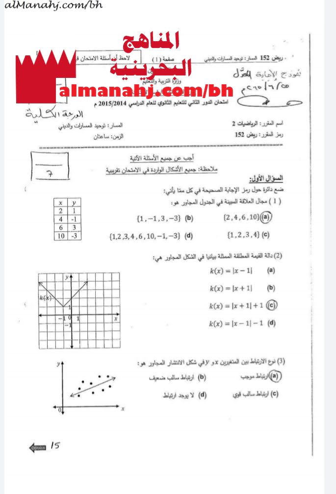 نموذج الإجابة المعدل لامتحان الدور الثاني في مقرر ريض 152 بخط اليد (رياضيات) الأول الثانوي