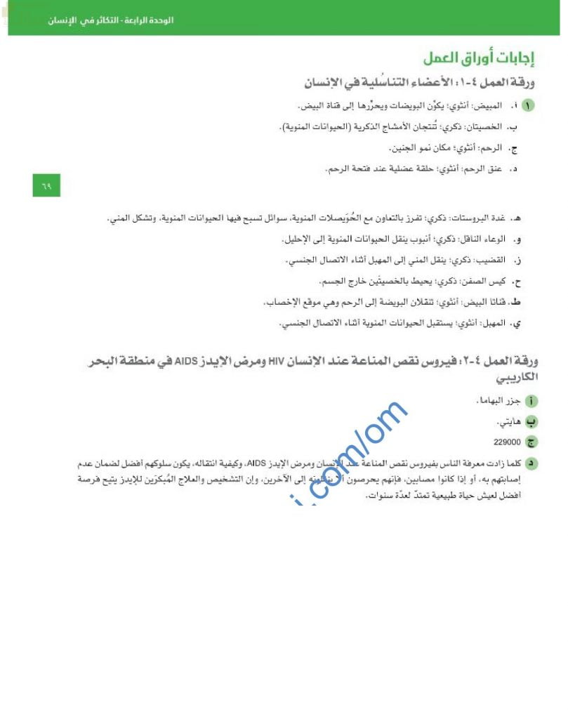 حل وإجابات أوراق العمل (الأعضاء التناسلية في الإنسان، وفيروس نقص المناعة عند الإنسان ومرض الإيدز في منطقة البحر الكاريبي) (أحياء) العاشر