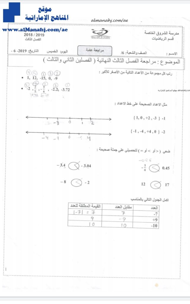 حل مراجعة أسئلة عامة للفصلين الثاني والثالث, (رياضيات) السادس
