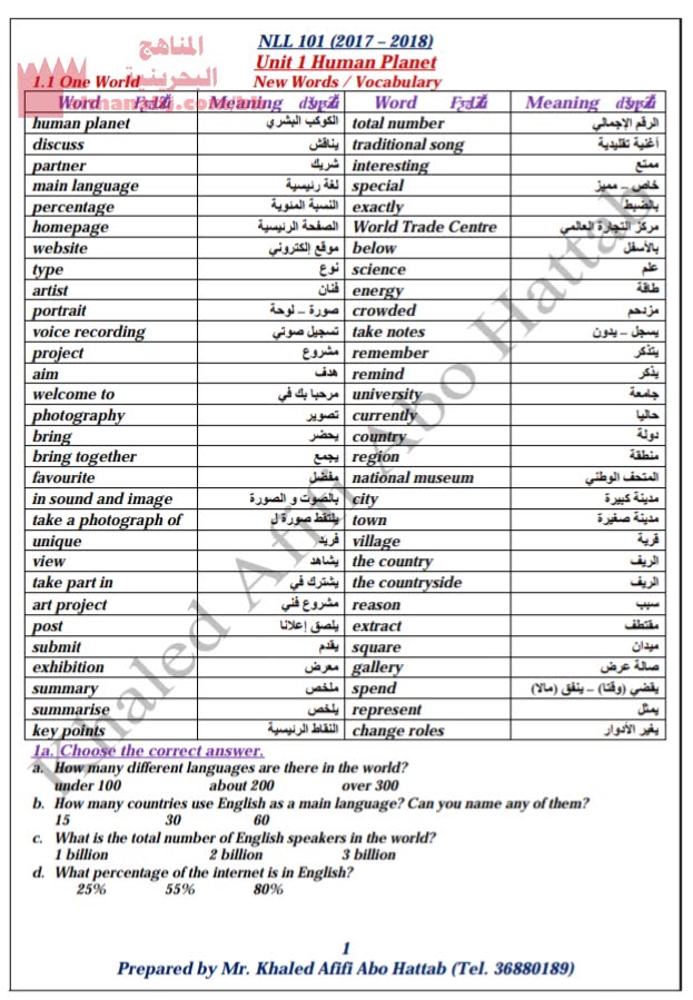 مذكرة مفردات وقواعد وتدريبات شاملة لجميع الوحدات (لغة انجليزية) الأول الثانوي