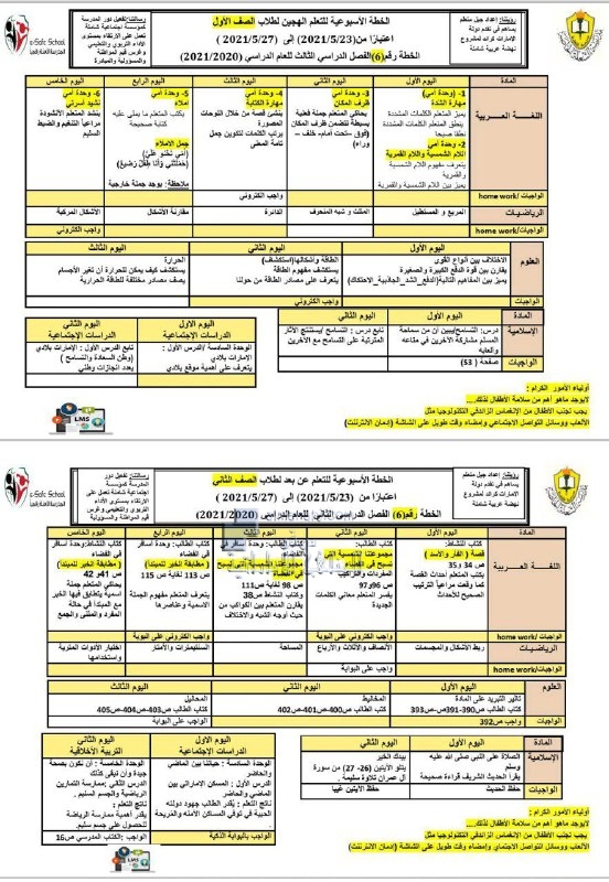 الخطة الأسبوعية (الأسبوع السادس - فصل ثالث) لمدرسة الشعلة الخاصة, (المدارس) ملفات مدرسية
