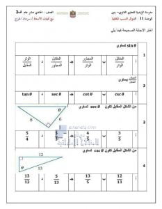 أوراق عمل الوحدة الحادية عشرة (الدوال والنسب المثلثية), (رياضيات) الحادي عشر العام