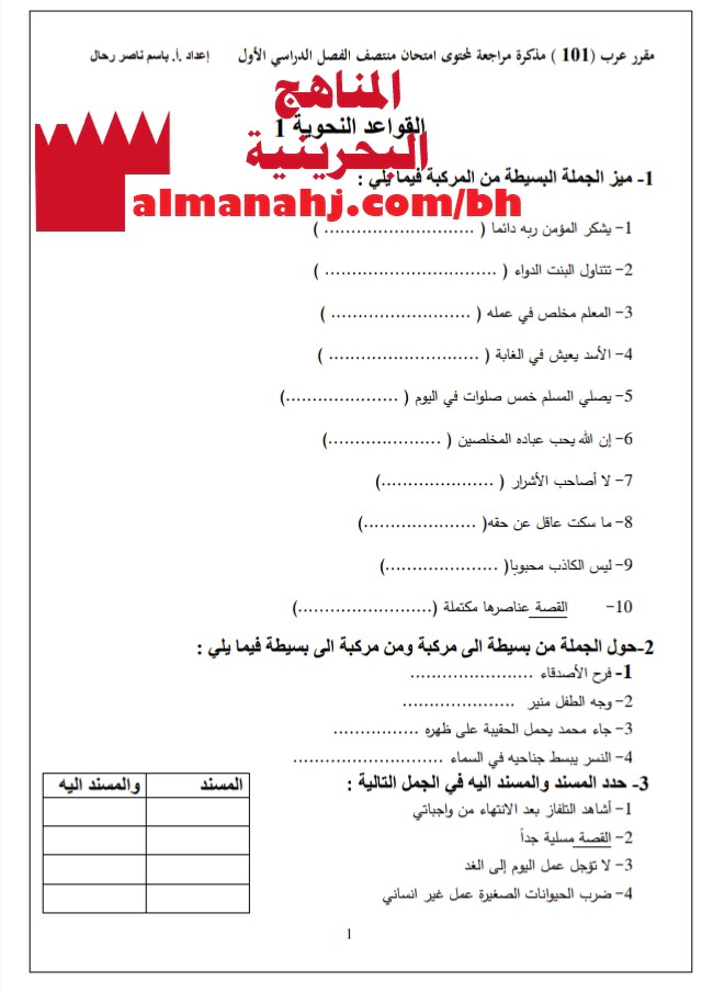 مذكرة مراجعة منتصف للقواعد النحوية في مقرر عرب 101 (لغة عربية) الأول الثانوي