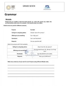 ورقة عمل قواعد GRAMMAR MODALS, (لغة انجليزية) السابع