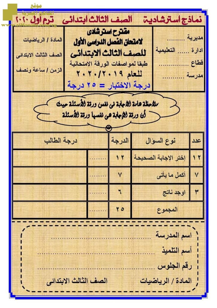 نماذج استرشادية رياضيات