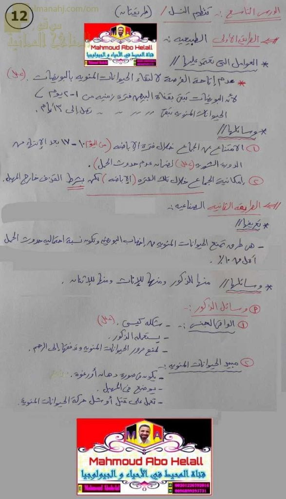 ملخص شرح درس تنظيم النسل (علوم وبيئة) الثاني عشر