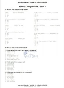 أوراق عمل اختبار PRESENT PROGRESSIVE, (لغة انجليزية) الثالث