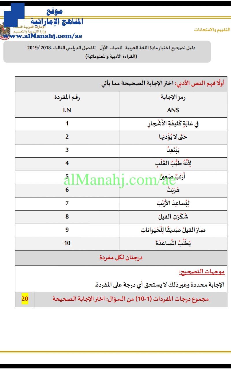 دليل تصحيح اجابة الاختبار التدريبي, (لغة عربية) الأول