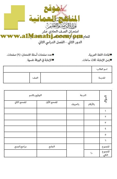 امتحان وإجابة الأسئلة الرسمية للفصل الدراسي الثاني الدور الثاني (لغة عربية) الحادي عشر