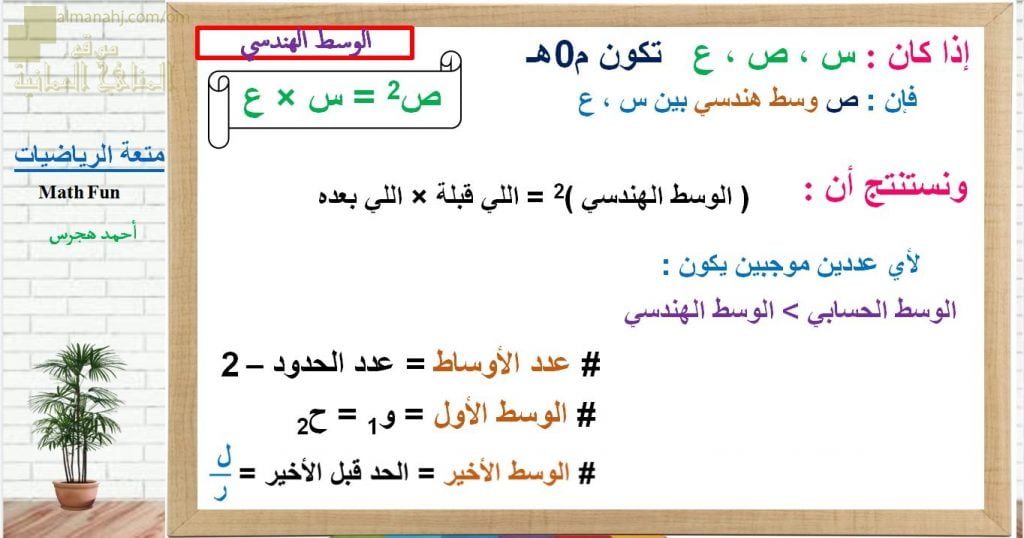 عرض تقديمي وشرح وحل تمارين درس الوسط الهندسي – بوربوينت (رياضيات بحتة) الحادي عشر