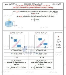 أوراق عمل الوحدة السادسة (الأحجام بالأصداف الإسطوانية) التعلم عن بعد, (رياضيات) الثاني عشر المتقدم