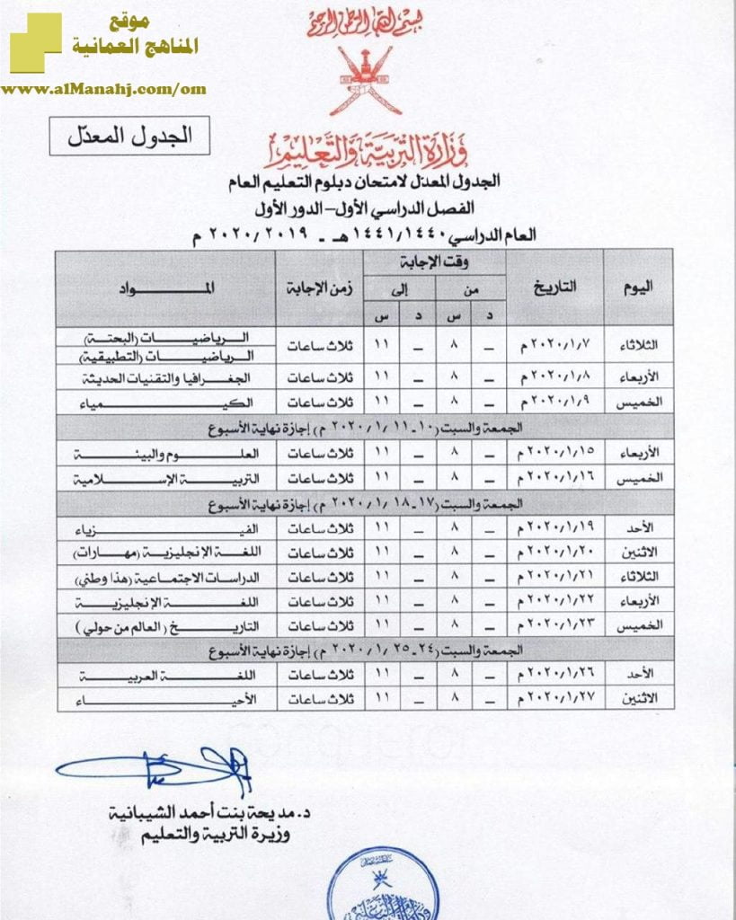 جدول امتحانات دبلوم التعليم العام المعدل (الامتحانات) الثاني عشر