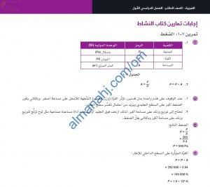 حل وإجابات أسئلة الوحدة السابعة (الضغط) في كتاب النشاط (فيزياء) العاشر
