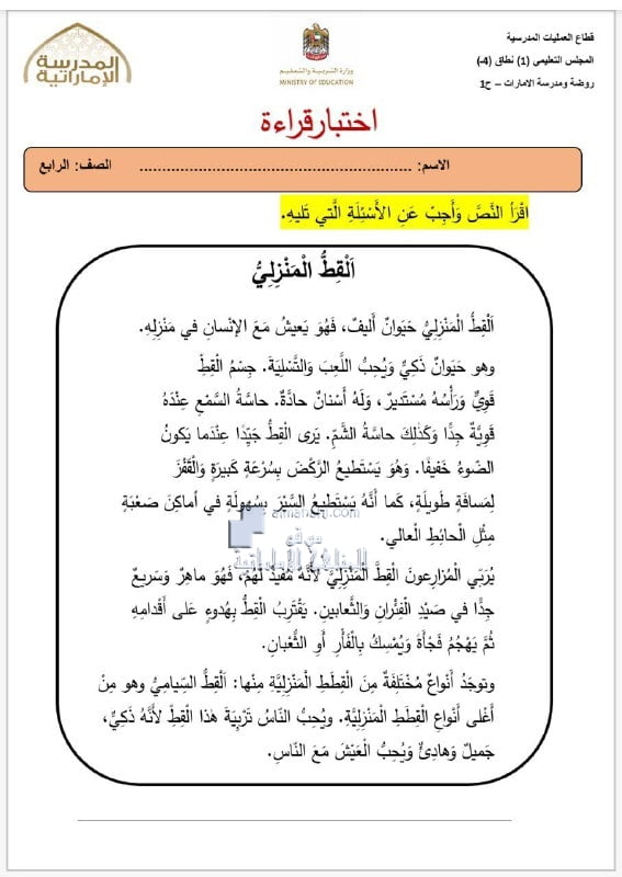 ورقة عمل اختبار قراءة نص القط المنزلي, (لغة عربية) الرابع