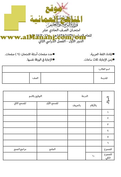 امتحان وإجابة الأسئلة الرسمية للفصل الدراسي الثاني الدور الأول (لغة عربية) الحادي عشر
