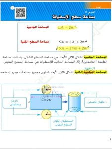 حل الدرس الرابع مساحة سطح الإسطوانة من وحدة الهندسة, (رياضيات) السابع