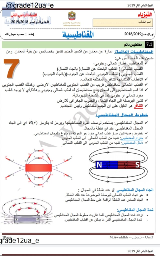 أوراق عمل وملخص درس المغناطيسية, (فيزياء) الثاني عشر المتقدم
