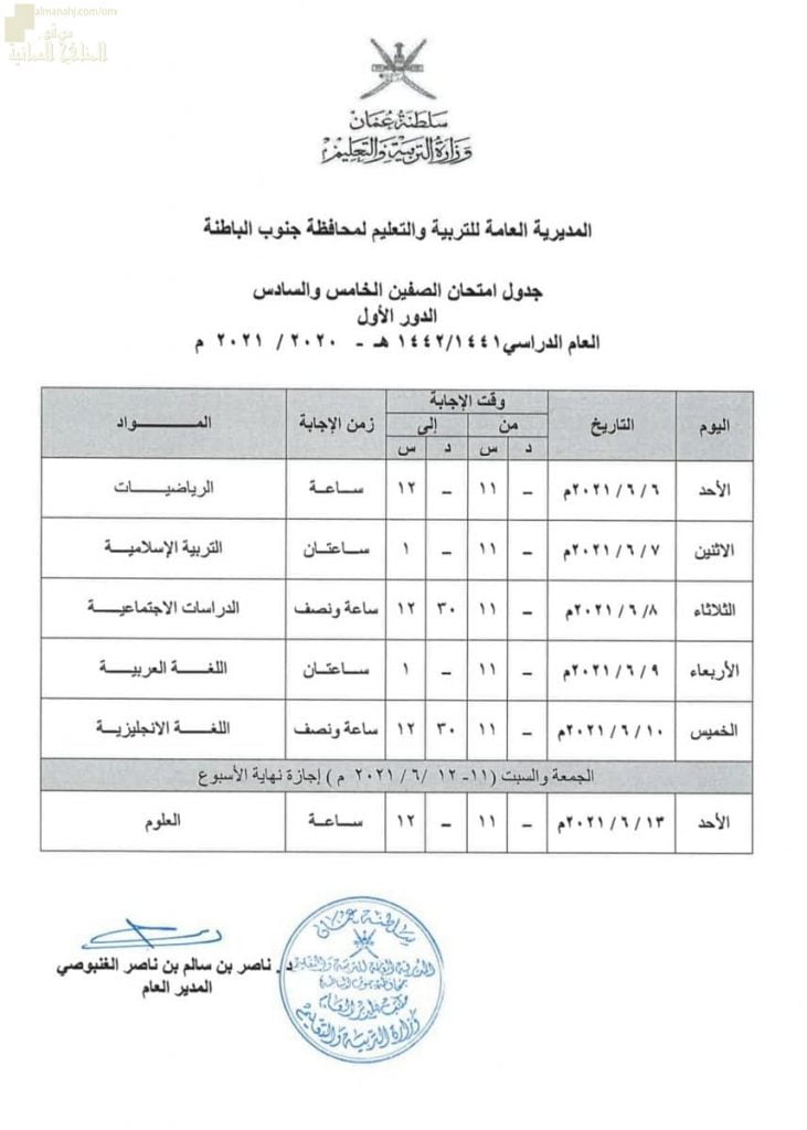 جدول الاختبارات النهائية لجميع الصفوف في محافظة جنوب الباطنة (الامتحانات) ملفات مدرسية