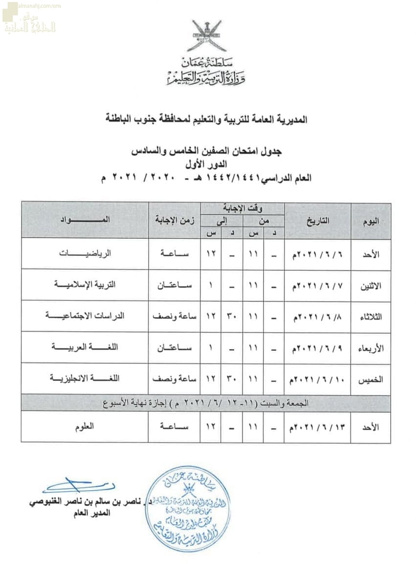 جدول الاختبارات النهائية لجميع الصفوف في محافظة جنوب الباطنة (الامتحانات) ملفات مدرسية