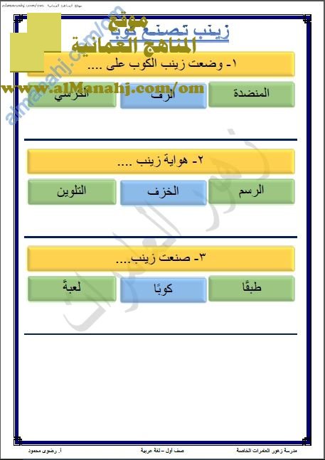 ملخص شرح درس زينب تصنع كوباً (لغة عربية) الأول