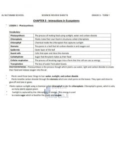 أوراق عمل ومراجعة الوحدة الثالثة INTERACTIONS IN ECOSYSTEMS مع الحل, منهج انجليزي (علوم) الخامس