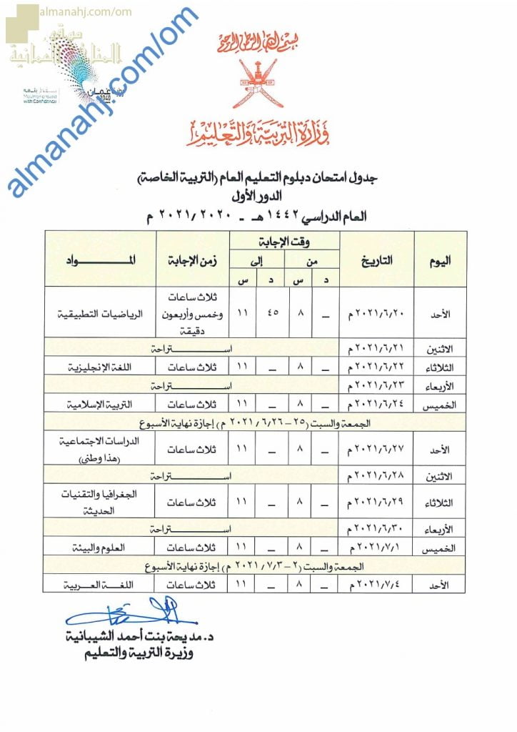 جدول امتحانات دبلوم التعليم العام (التربية الخاصة) -الدور الأول (الامتحانات) الثاني عشر