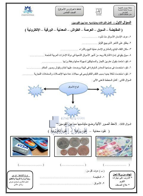 ورقة عمل درس (الأسواق) (اجتماعيات) الخامس