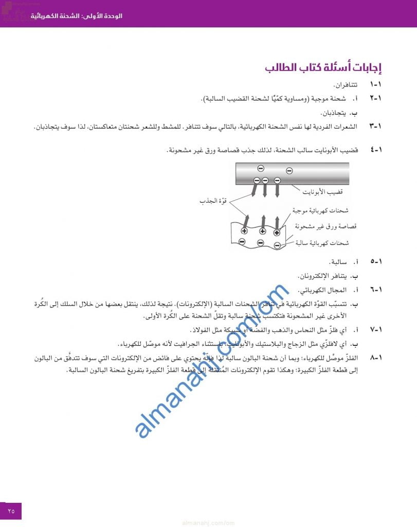 حل وإجابات أسئلة الوحدة الأولى (الشحنة الكهربائية) في كتاب الطالب (فيزياء) العاشر