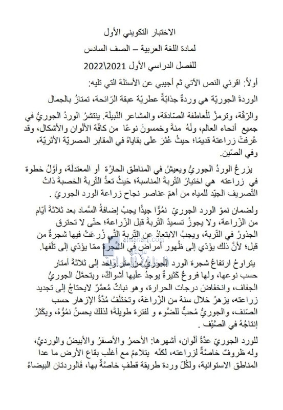 الاختبار التكويني الأول, (لغة عربية) السادس