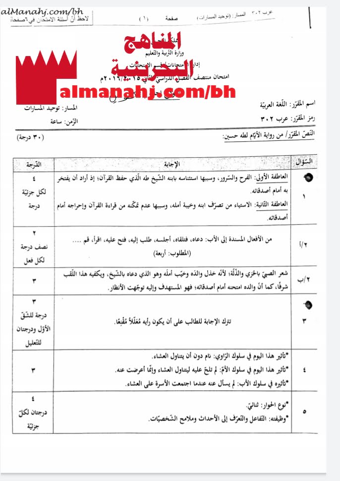 نموذج إجابة امتحان منتصف مقرر عرب 302 للمكفوفين (لغة عربية) الثالث الثانوي