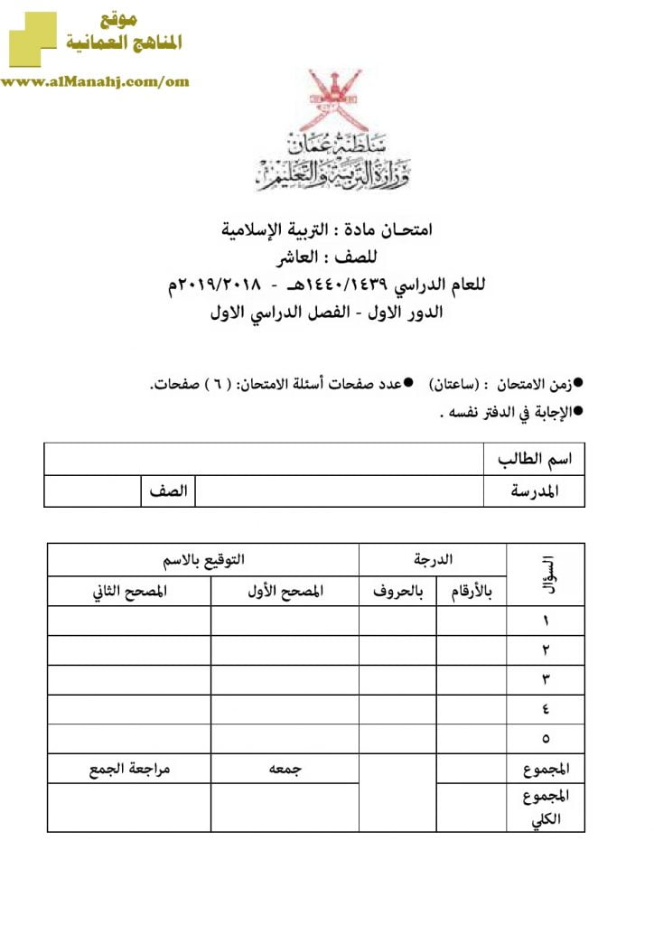 أسئلة وإجابة الامتحان الرسمي الدور الأول والثاني (تربية اسلامية) العاشر