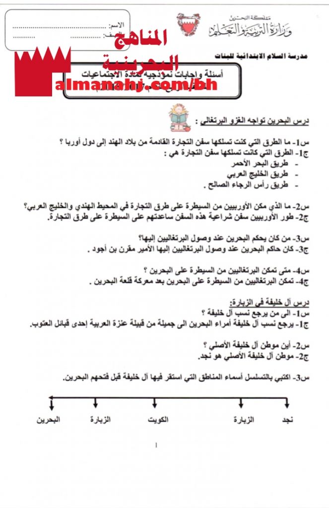 مذكرة أسئلة وإجابات نموذجية (المواد الاجتماعية) الرابع