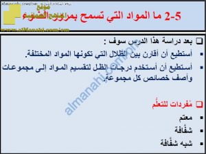 ملخص شرح درس ما المواد التي تسمح بمرور الضوء مع حل الأنشطة (علوم) الخامس