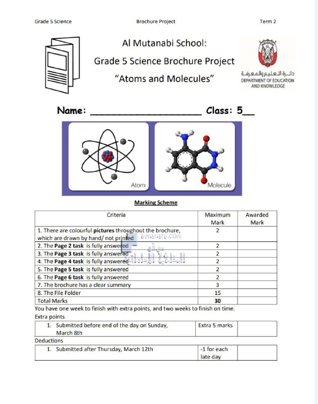 نموذج مشروع الذرات والجزيئات BROCHURE PROJECT ATOMS AND MOLECULES, منهج انجليزي (علوم) الخامس