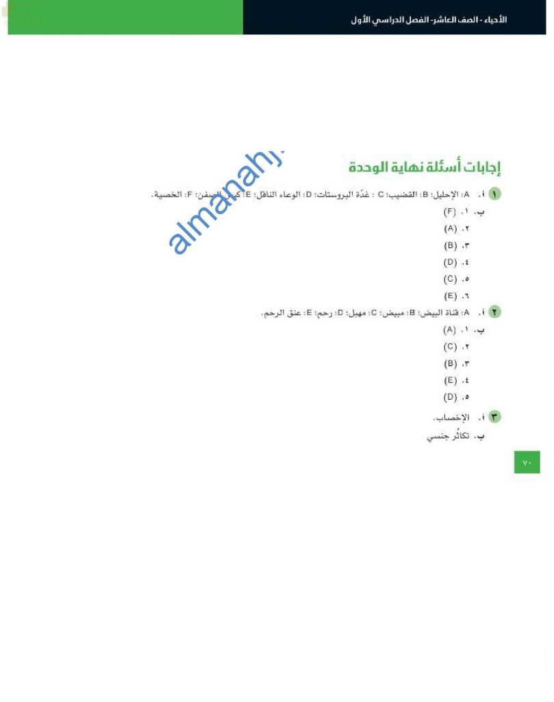 مذكرة حل أسئلة الوحدة الرابعة (التكاثر في الإنسان) (أحياء) العاشر