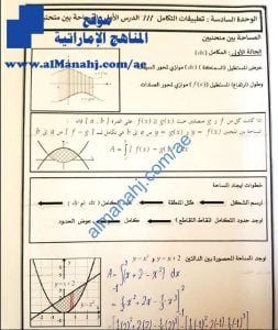مذكرة تدريبات محلولة في درس المساحة بين المنحنيين من وحدة تطبيقات التكامل, (رياضيات) الثاني عشر المتقدم